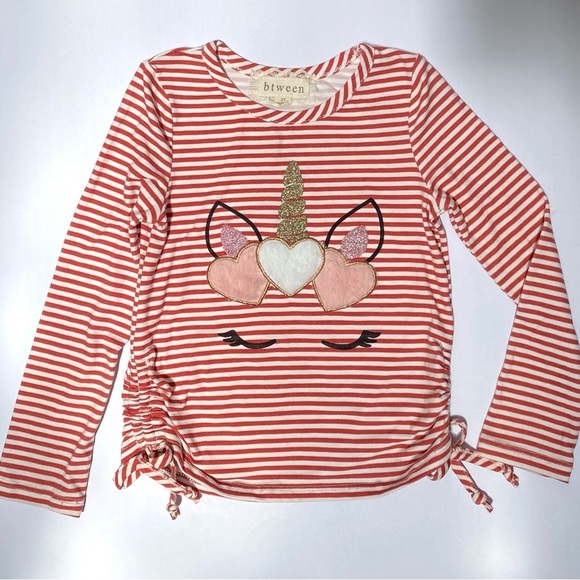 btween Other - btween Red and White Striped Sparkly Fuzzy Unicorn Top 2T